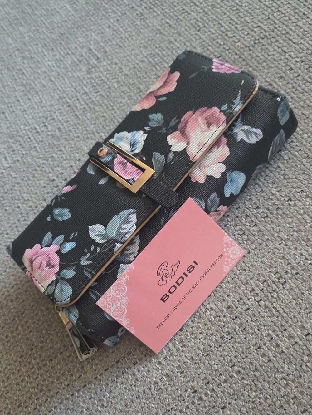 Floral Black Wallet Clutch with Pink Rose Print